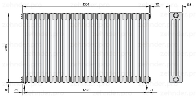 Схема (чертеж) Радиатор Zehnder Charleston 4280/29 №5310 Белый глянцевый RAL 9016
